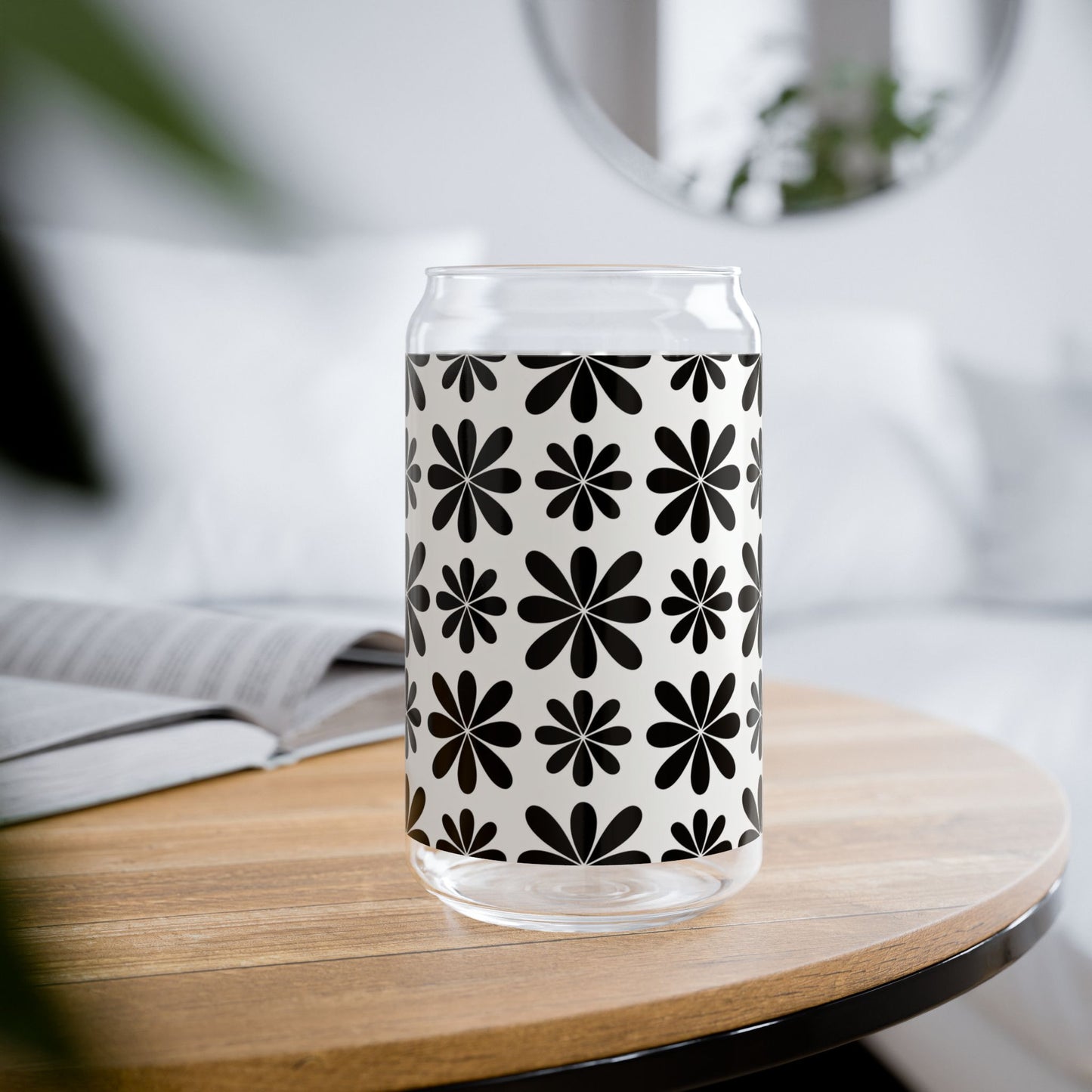 Black Flower 16 oz. Sipper Glass
