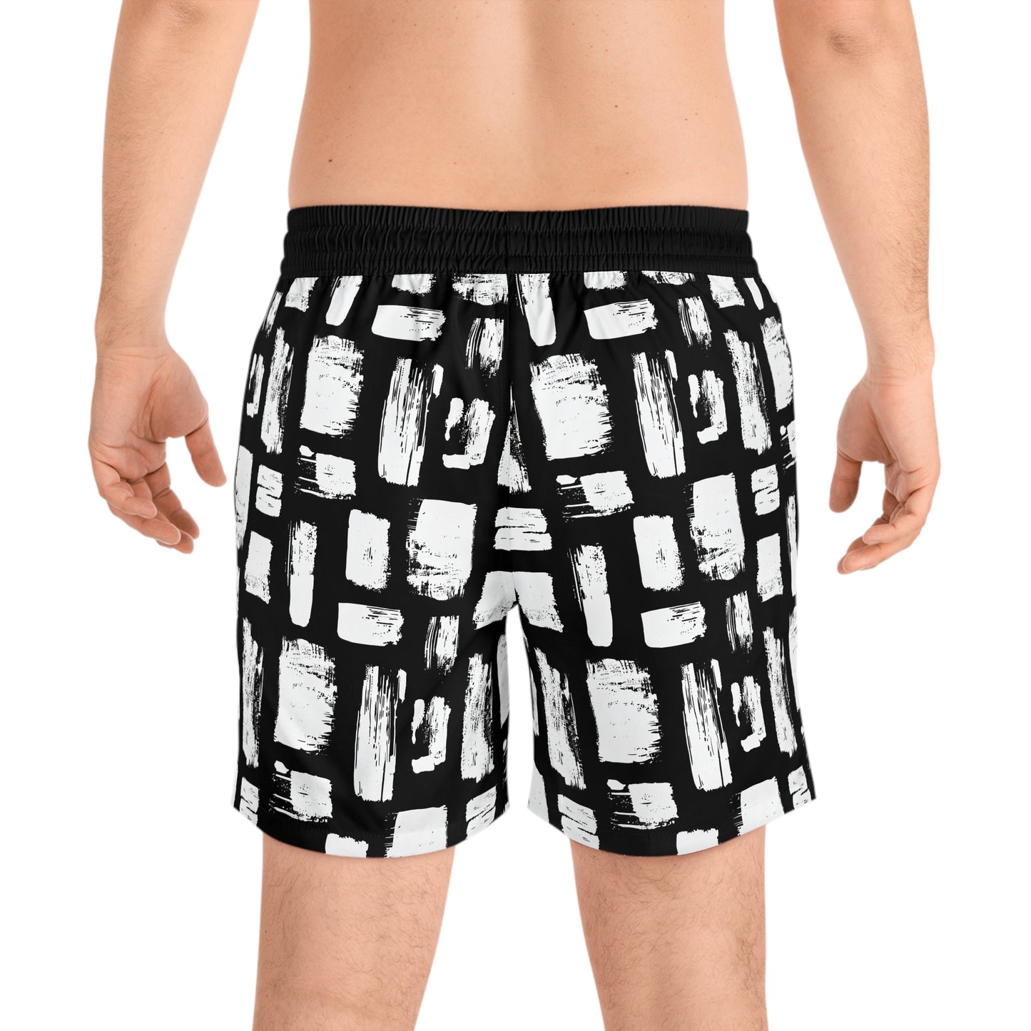 Abstract White Brushes Print Mid-Length Swim Trunks