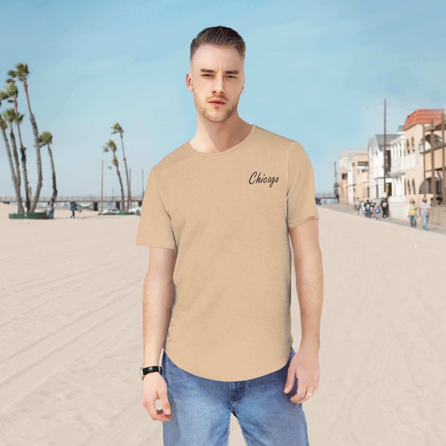 Elegant Chicago Skyline Men's Jersey Curved Hem Tee