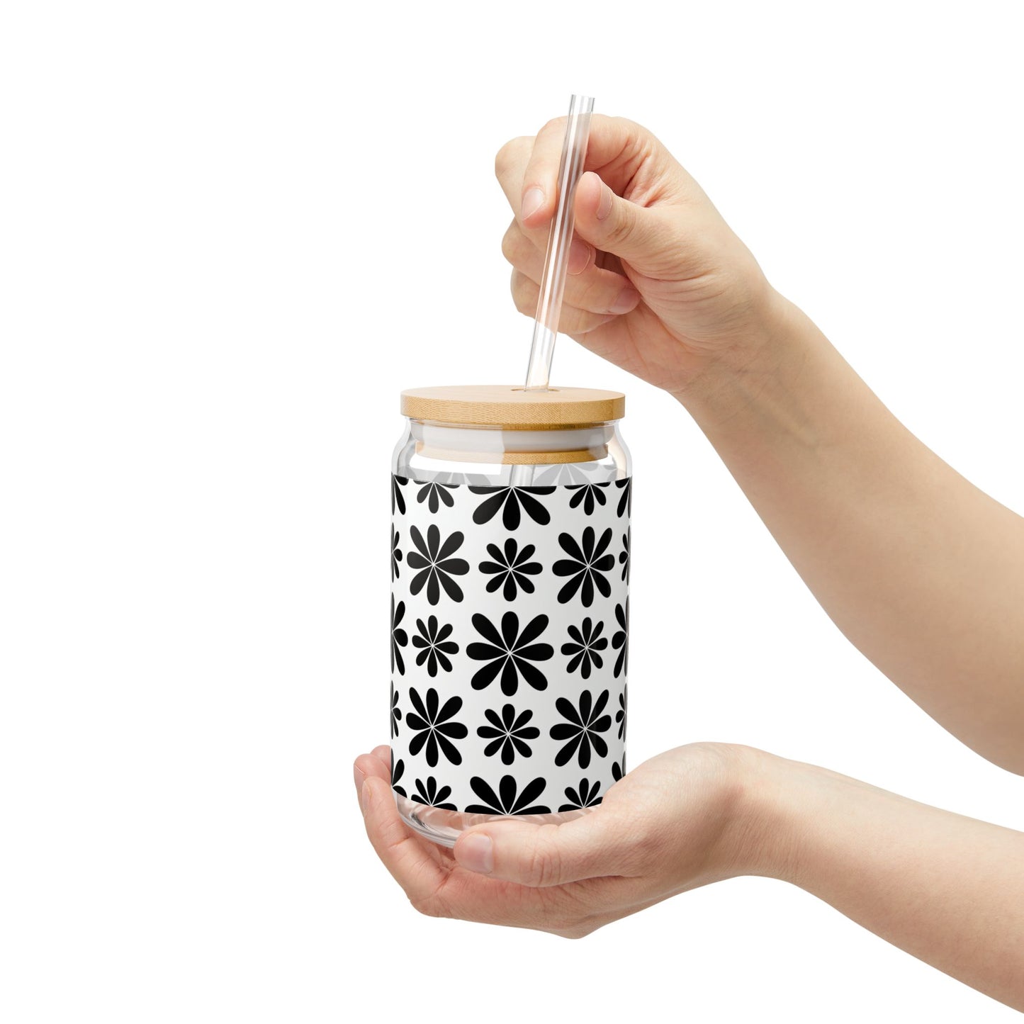 Black Flower 16 oz. Sipper Glass