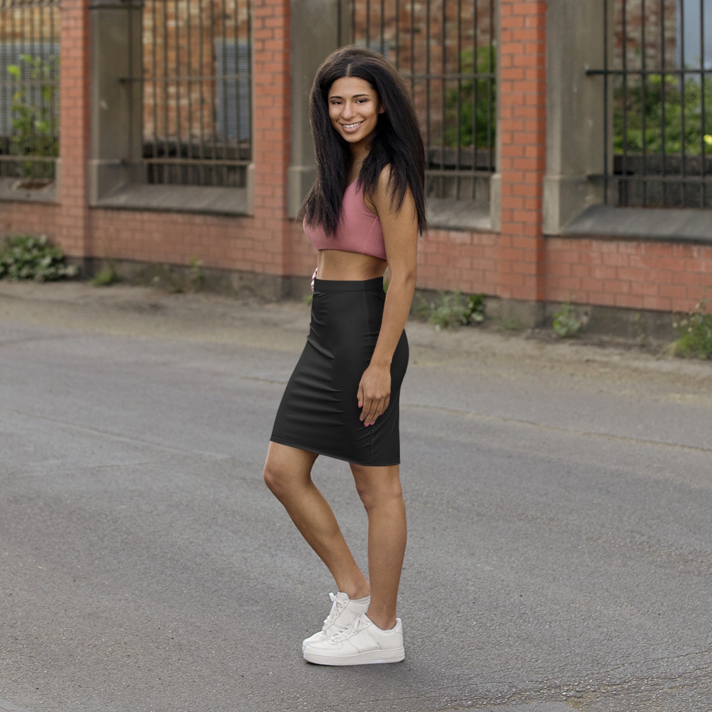 Solid Black Print Mid-Waist Pencil Skirt