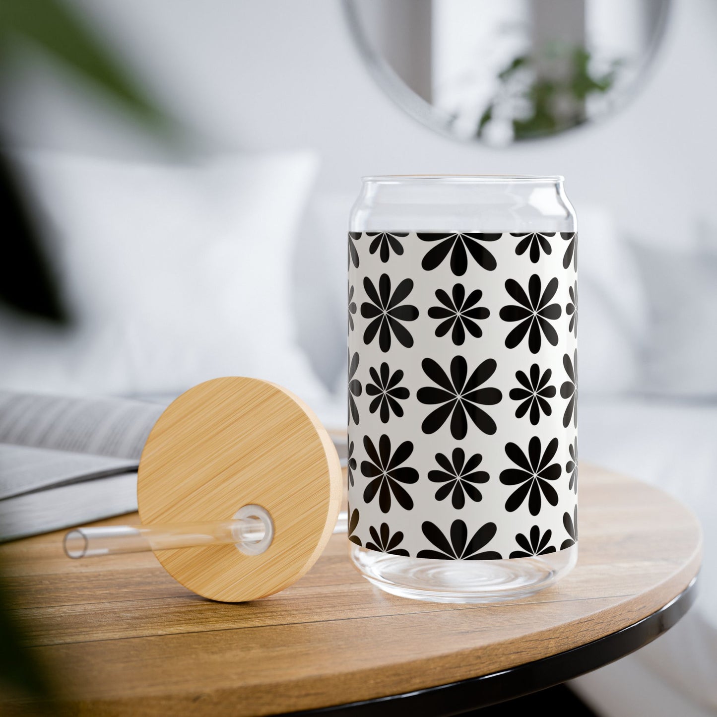 Black Flower 16 oz. Sipper Glass