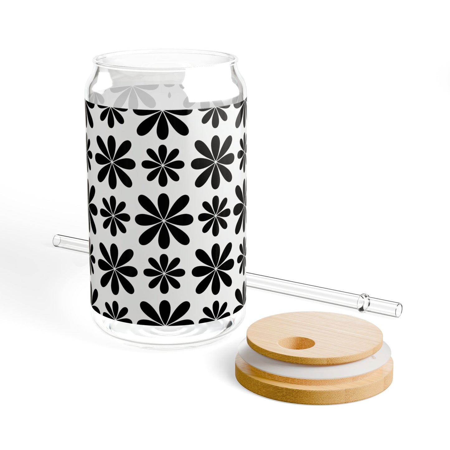 Black Flower 16 oz. Sipper Glass
