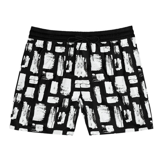 Abstract White Brushes Print Mid-Length Swim Trunks