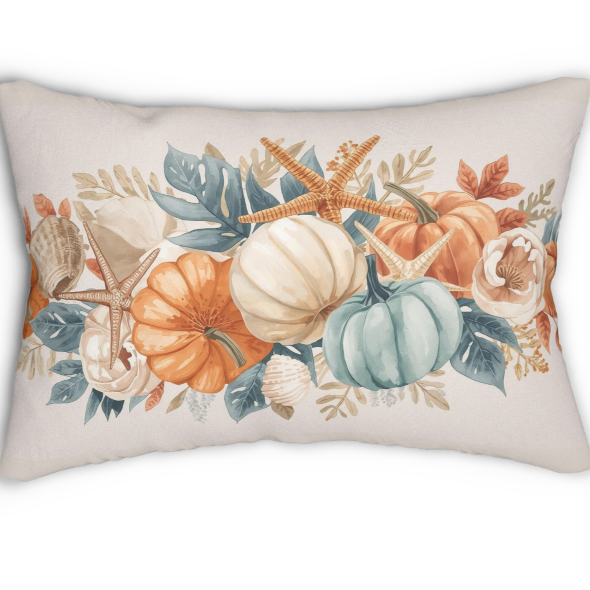 Fall Coastal Throw Pillow – Pumpkins & Seashells