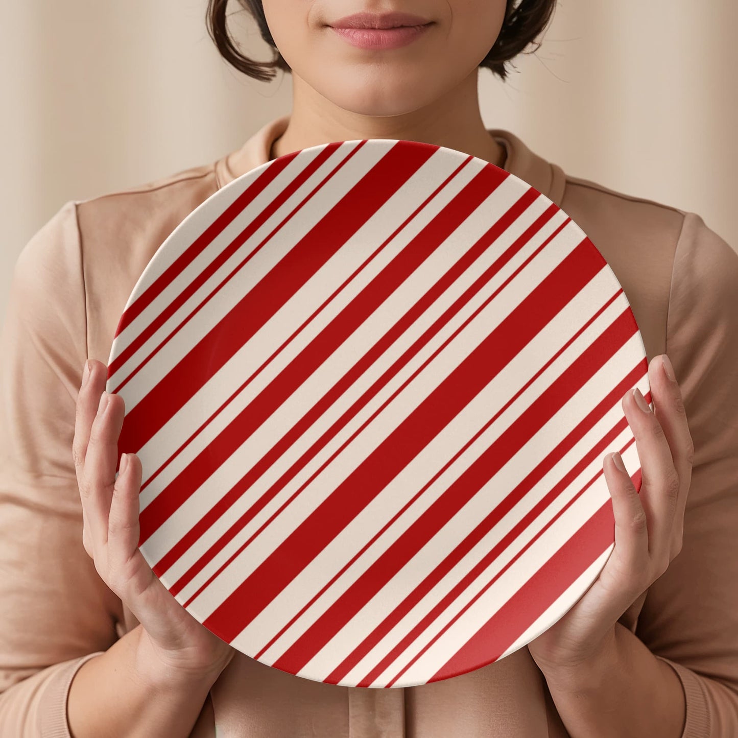 Red and White Striped Ceramic Christmas Dinner Plate