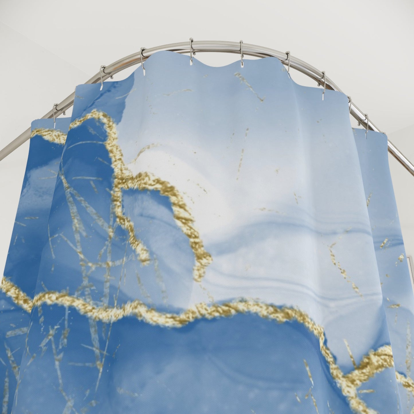 Blue Coastal Marble Shower Curtain with Gold Accents – Elegant Coastal Bathroom Decor