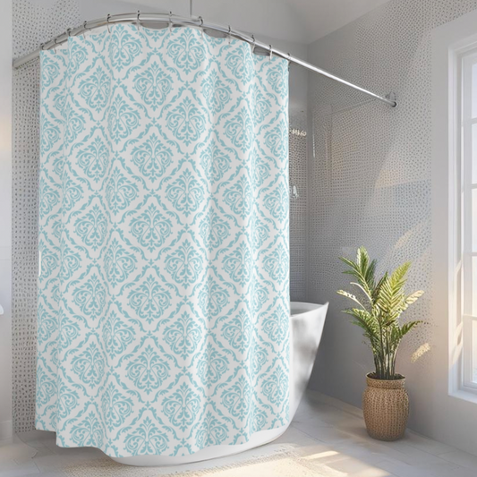 Aqua & White Damask Shower Curtain
