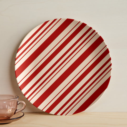 Red and White Striped Ceramic Christmas Dinner Plate