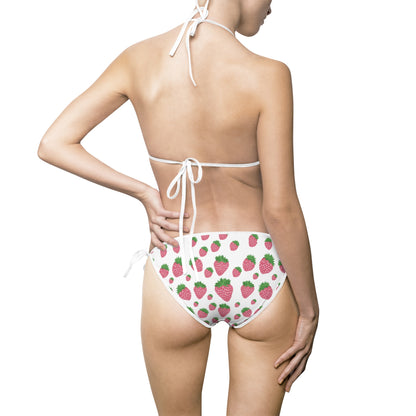 White Strawberry Print Two-Piece Bikini Set