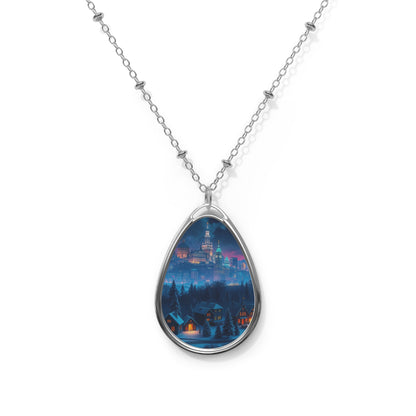 Snowy Christmas Village Silver Teardrop Pendant Necklace