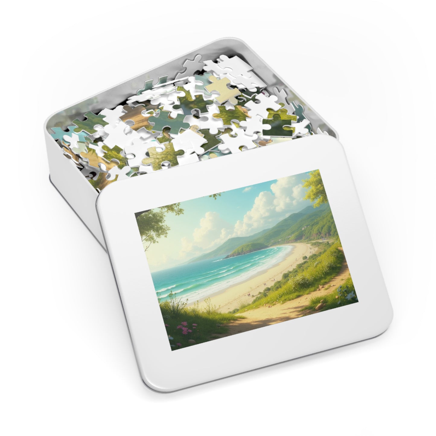 Springtime Ocean Beach Jigsaw Puzzle with Tin