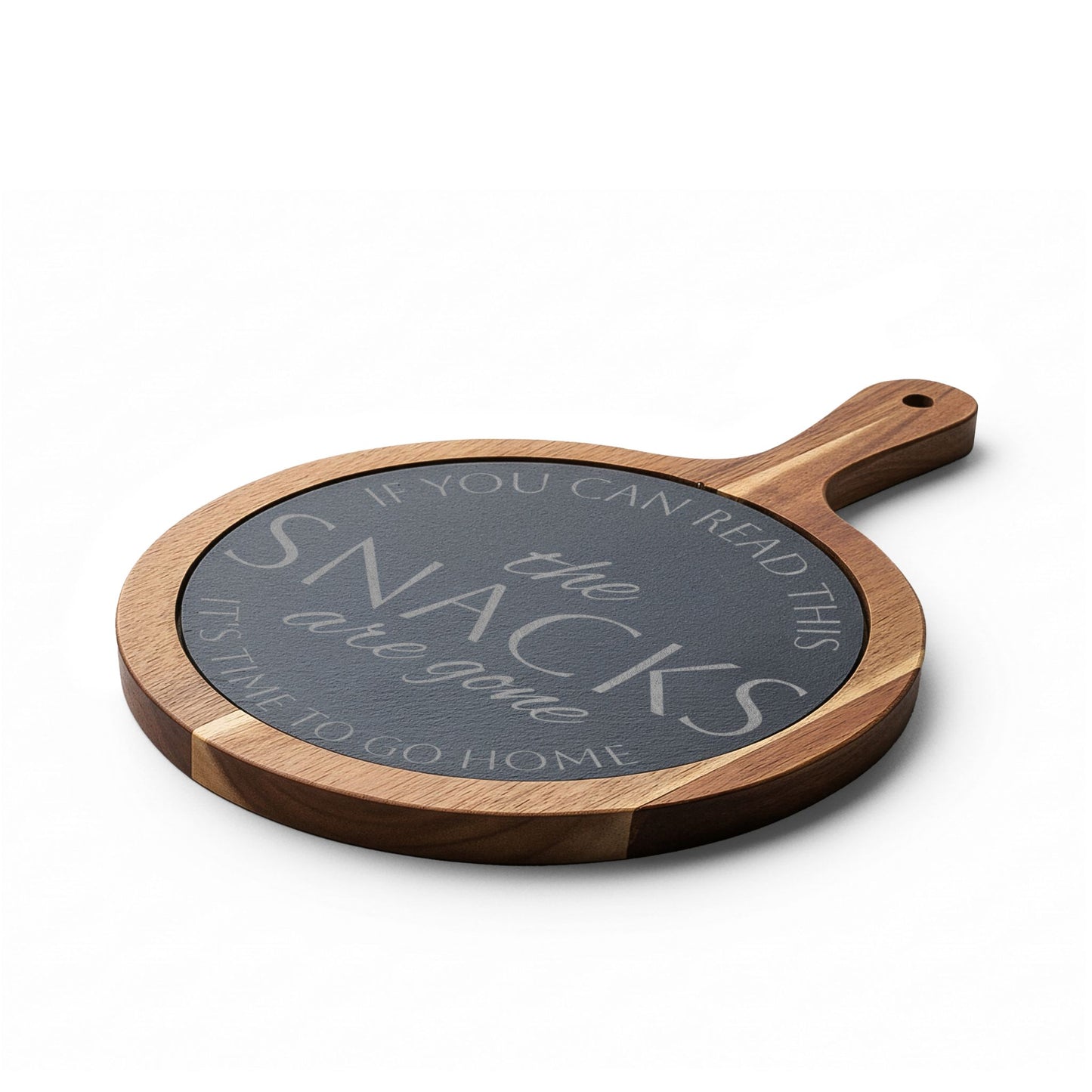 The Snacks Are Gone — Engraved Acacia Charcuterie Board with Slate