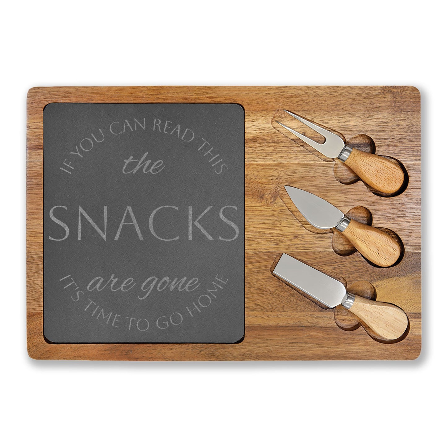 The Snacks Are Gone — Engraved Acacia Charcuterie Board with Slate