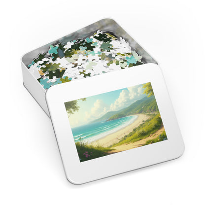 Springtime Ocean Beach Jigsaw Puzzle with Tin