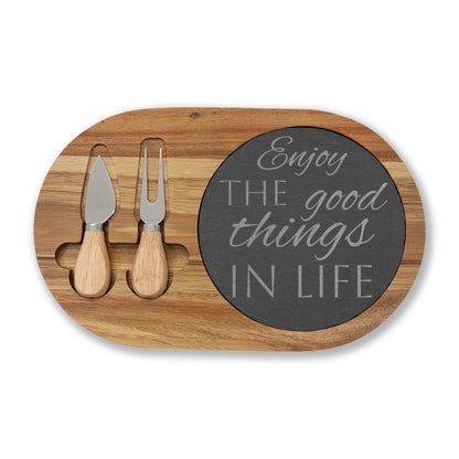 Enjoy the Good Things in Life — Engraved Acacia Charcuterie Board with Slate