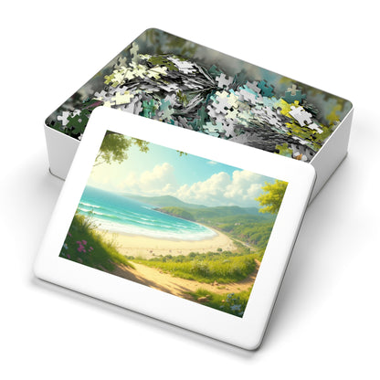 Springtime Ocean Beach Jigsaw Puzzle with Tin