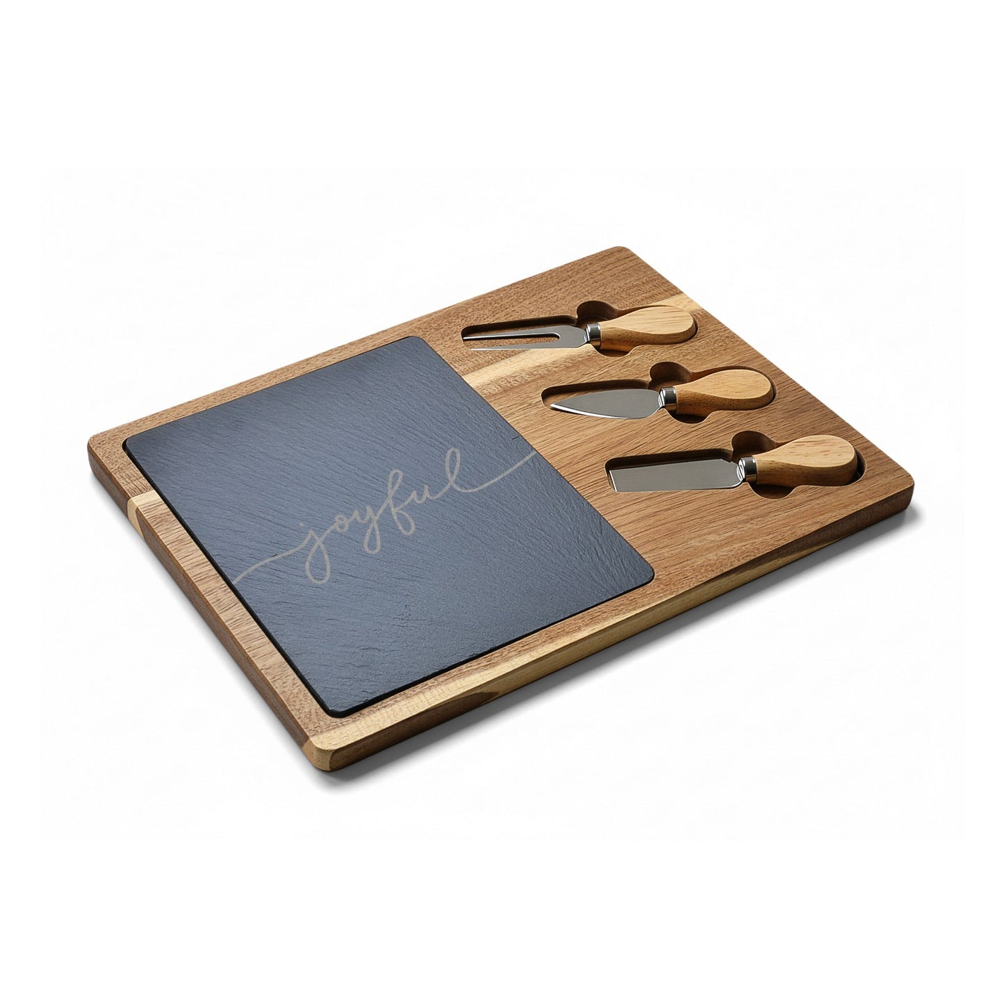 Joyful — Engraved Acacia Charcuterie Board with Slate