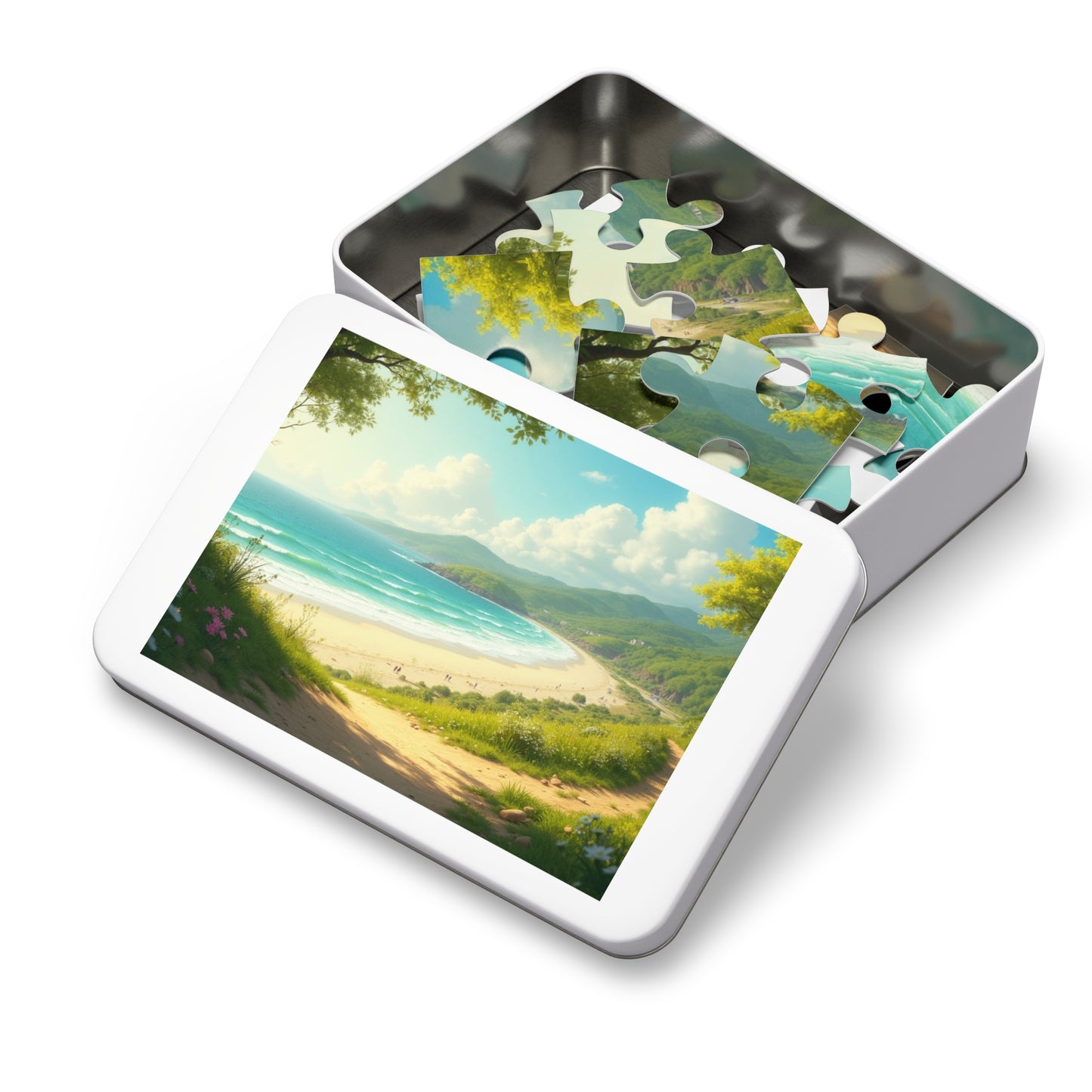 Springtime Ocean Beach Jigsaw Puzzle with Tin