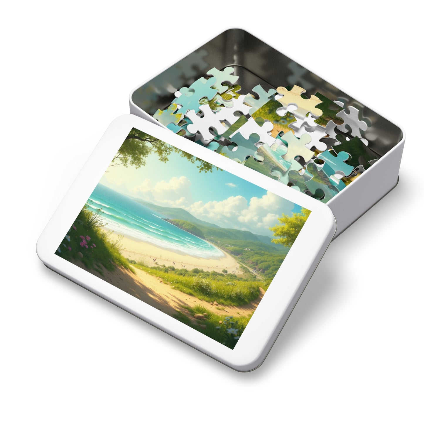 Springtime Ocean Beach Jigsaw Puzzle with Tin