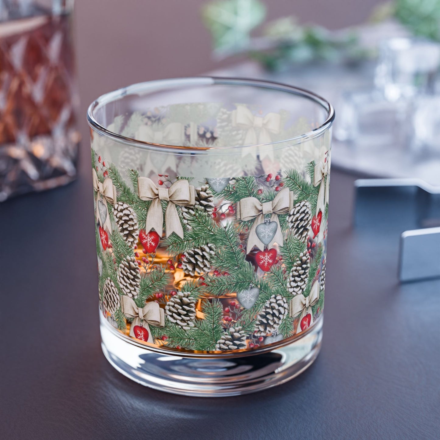 Christmas Rocks Glass - Snowy Pine & Pinecone Whiskey Tumblers