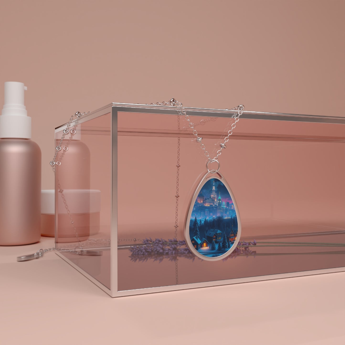 Snowy Christmas Village Silver Teardrop Pendant Necklace