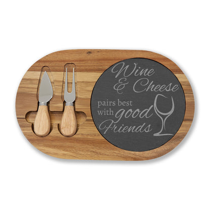 Wine, Cheese, and Good Friends — Engraved Acacia Charcuterie Board with Slate