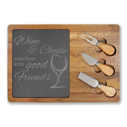 Wine, Cheese, and Good Friends — Engraved Acacia Charcuterie Board with Slate