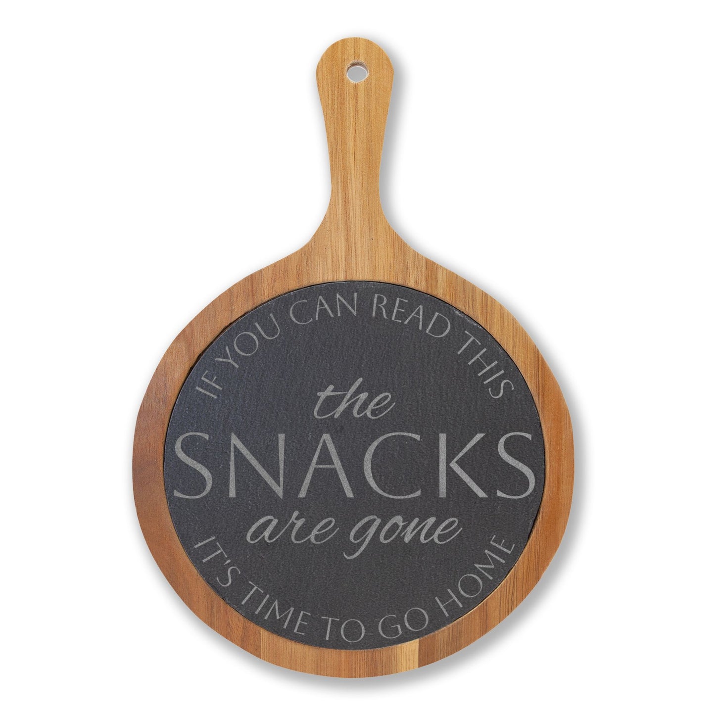 The Snacks Are Gone — Engraved Acacia Charcuterie Board with Slate