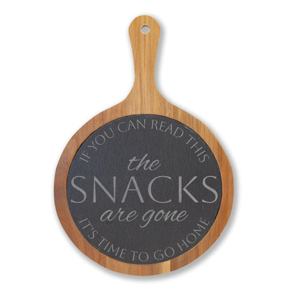 The Snacks Are Gone — Engraved Acacia Charcuterie Board with Slate