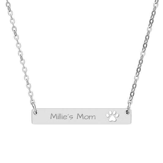 Dog Mom — Personalized Engraved Paw Cutout Bar Necklace