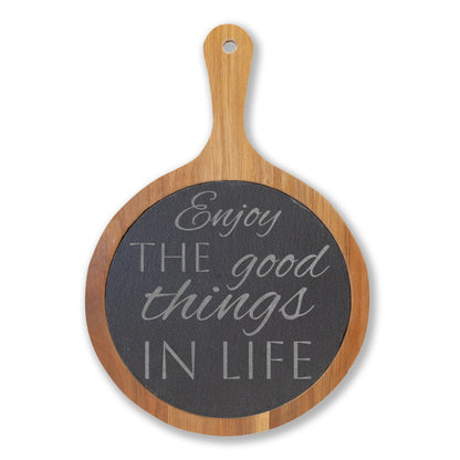 Enjoy the Good Things in Life — Engraved Acacia Charcuterie Board with Slate