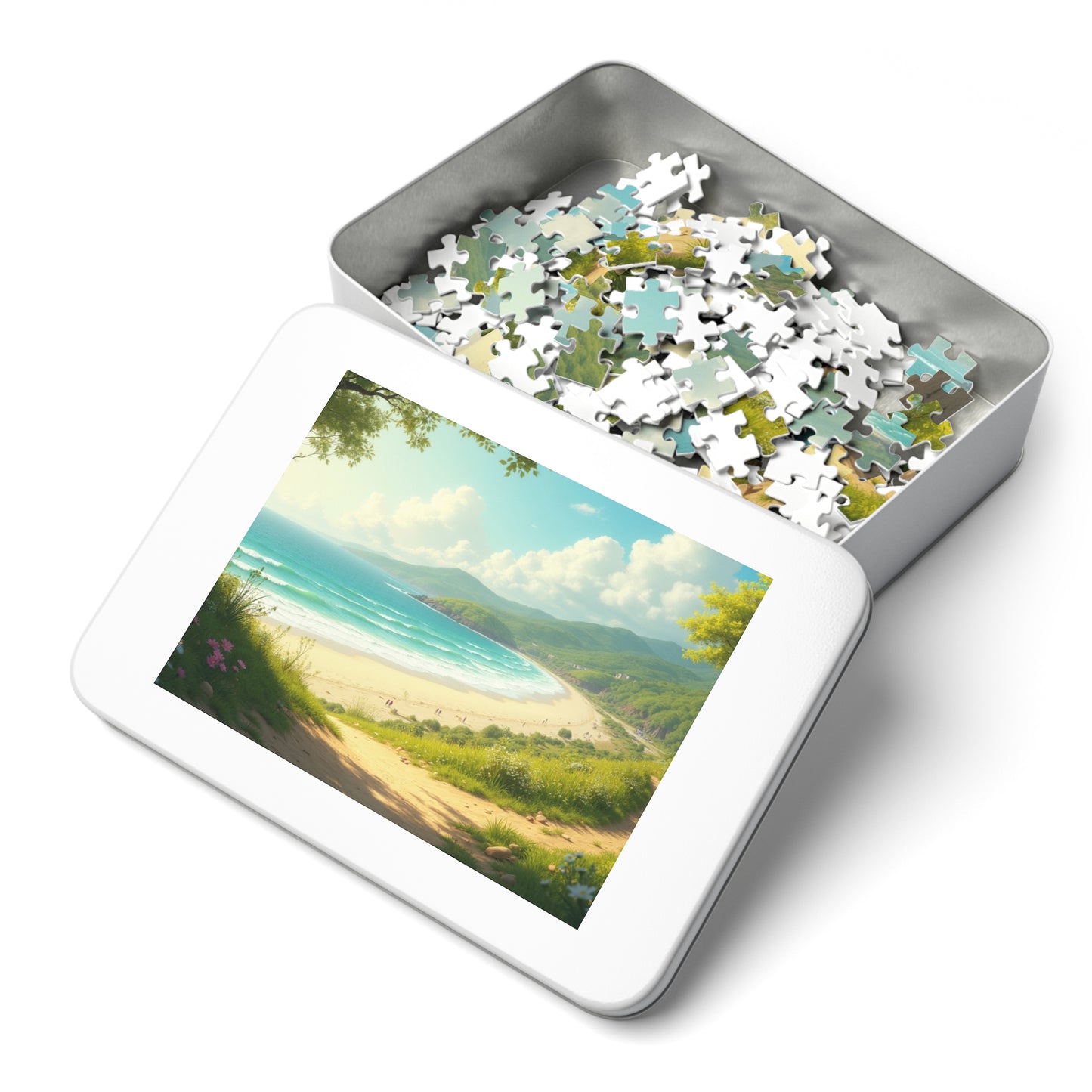 Springtime Ocean Beach Jigsaw Puzzle with Tin