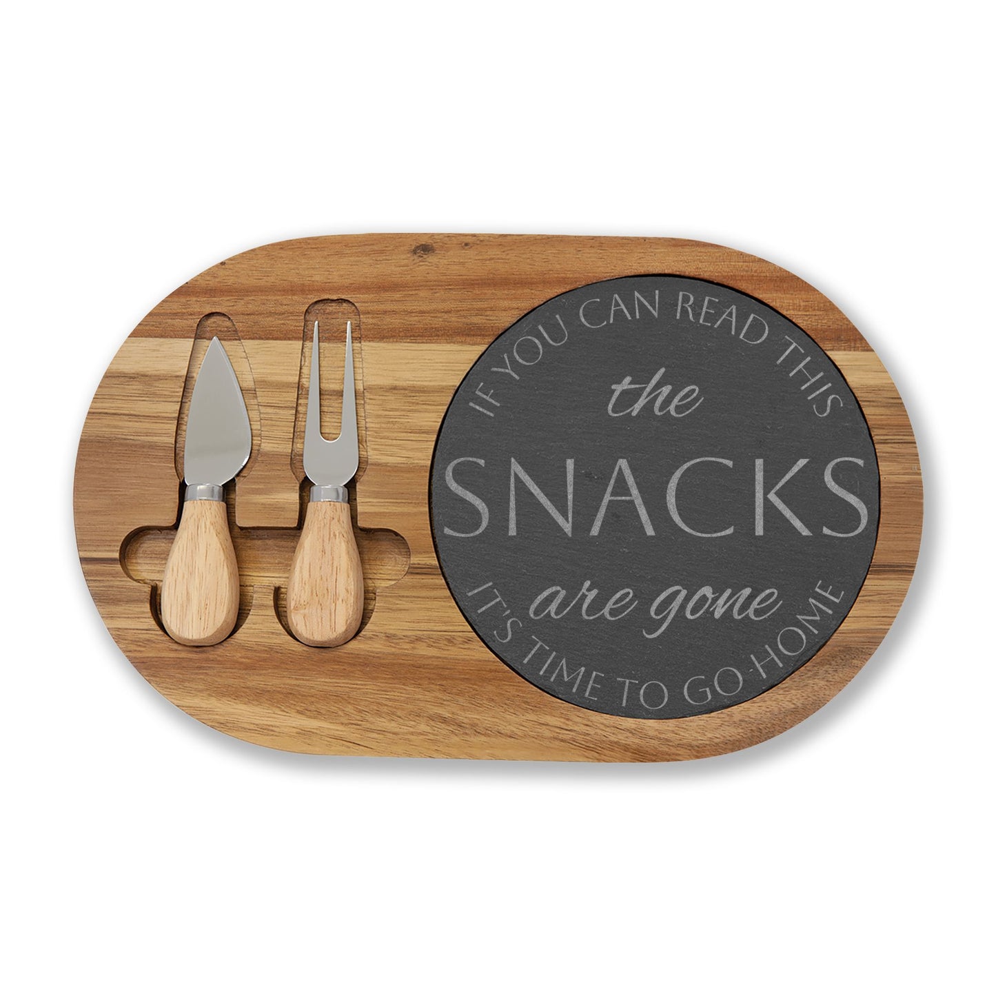 The Snacks Are Gone — Engraved Acacia Charcuterie Board with Slate
