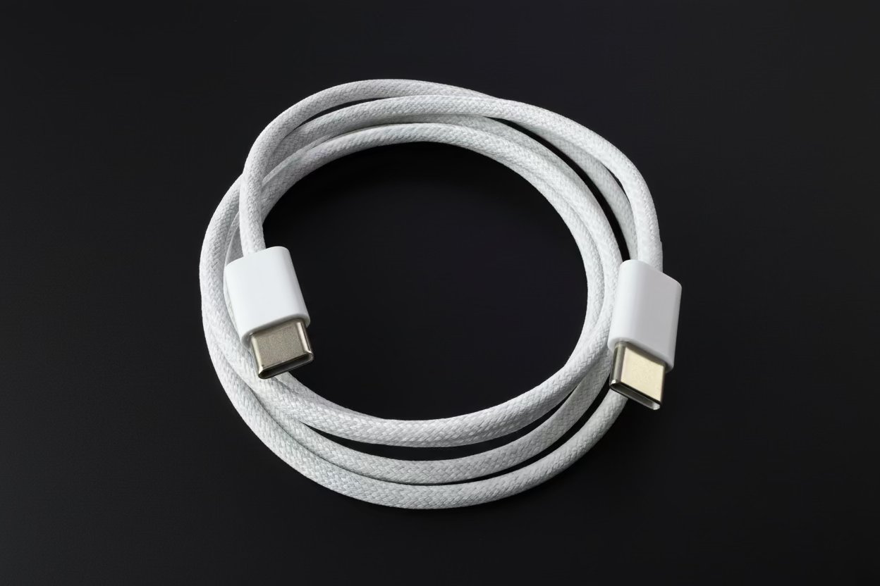 Coiled USB cable with white connectors on a wooden surface