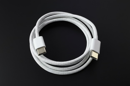 Coiled USB cable with white connectors on a wooden surface