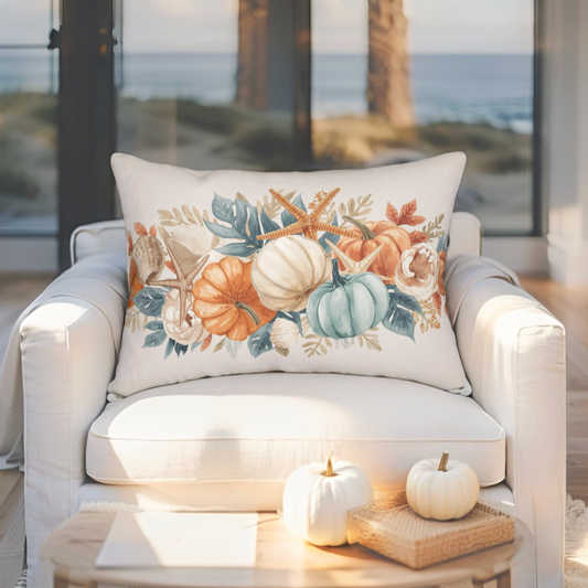 Fall Coastal Throw Pillow – Pumpkins & Seashells