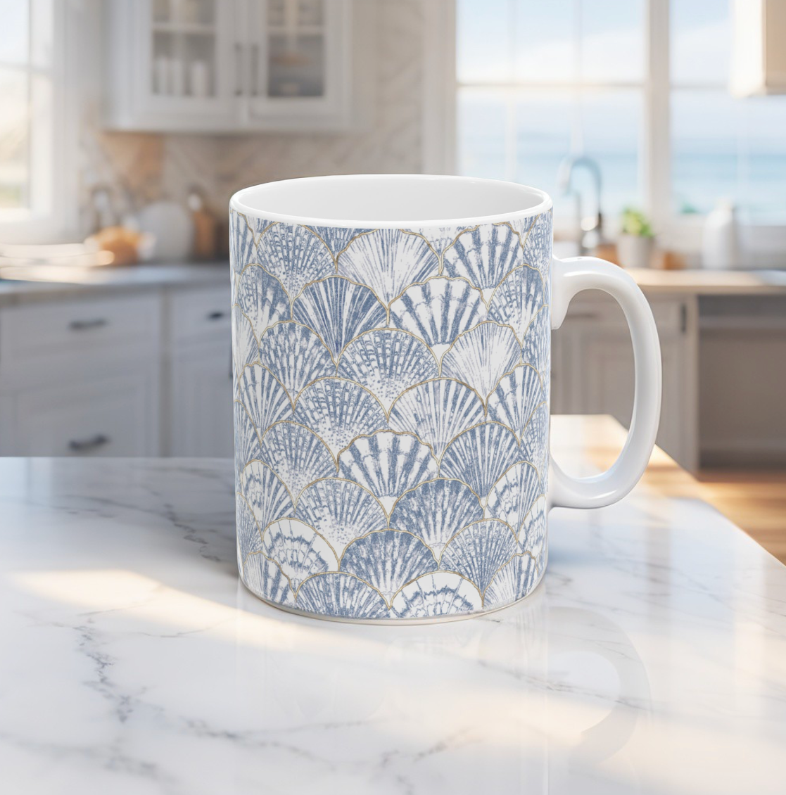 Blue Seashell Pattern Ceramic Mug