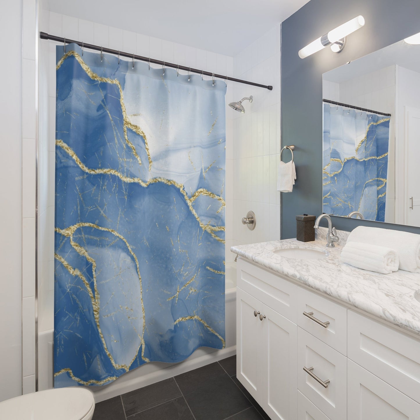Blue Coastal Marble Shower Curtain with Gold Accents – Elegant Coastal Bathroom Decor