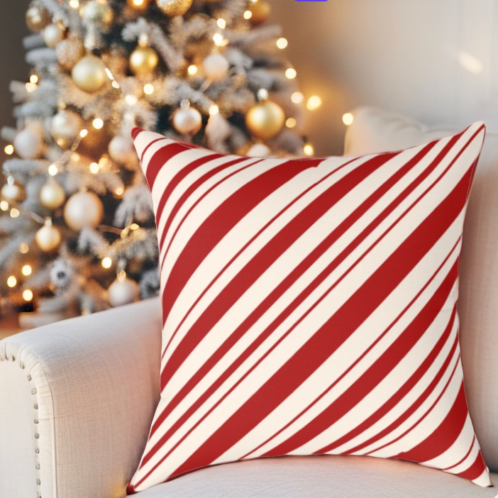 Red and White Striped Christmas Throw Pillow