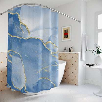 Blue Coastal Marble Shower Curtain with Gold Accents – Elegant Coastal Bathroom Decor