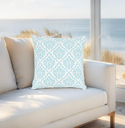 Elegant Aqua Damask Square Throw Pillow