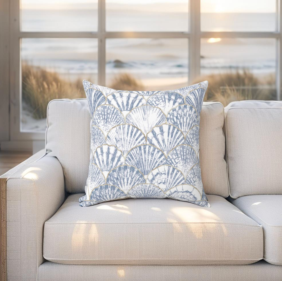 Blue Seashell Coastal Pillow
