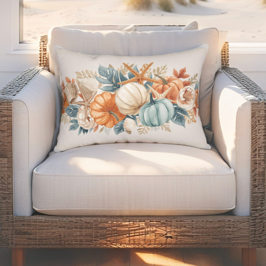 Fall Coastal Throw Pillow – Pumpkins & Seashells