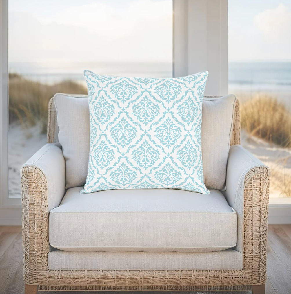 Elegant Aqua Damask Square Throw Pillow