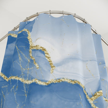 Blue Coastal Marble Shower Curtain with Gold Accents – Elegant Coastal Bathroom Decor