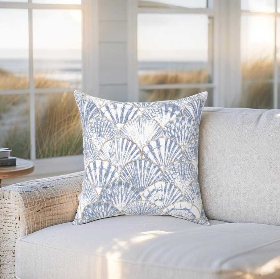 Blue Seashell Coastal Pillow