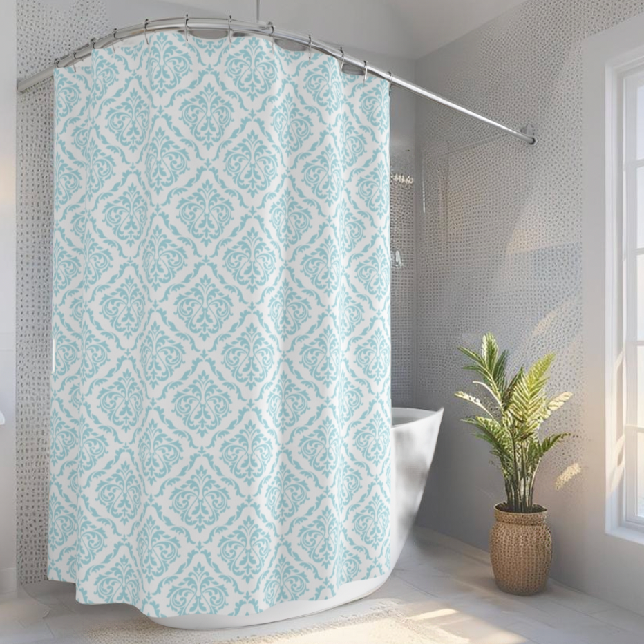 Aqua & White Damask Shower Curtain