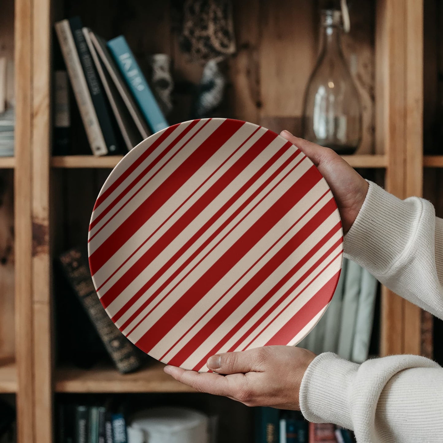 Red and White Striped Ceramic Christmas Dinner Plate
