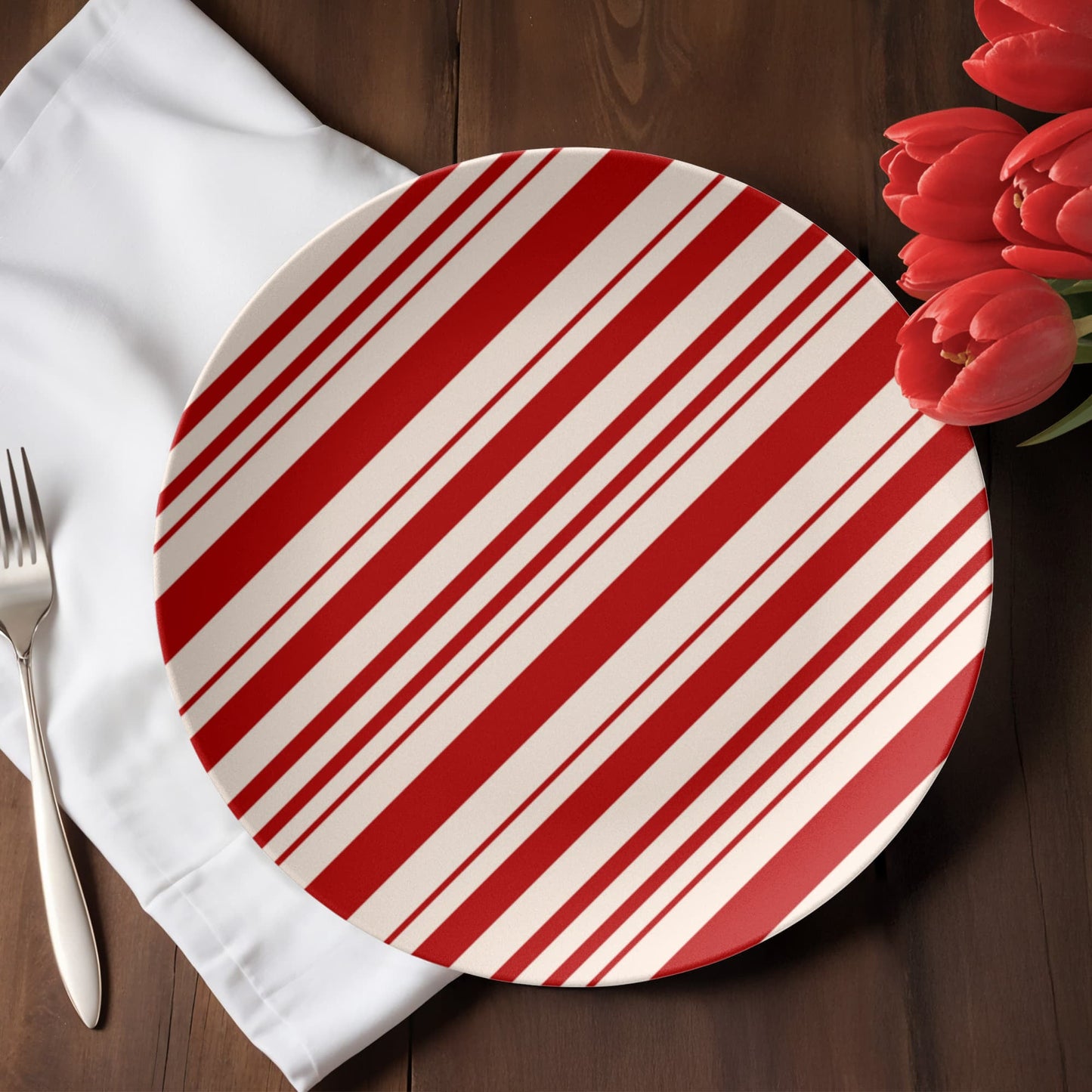 Red and White Striped Ceramic Christmas Dinner Plate